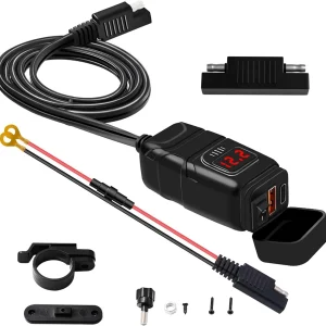 Motorfiets USB & Type-C Snellader met Voltmeter – Drayvik