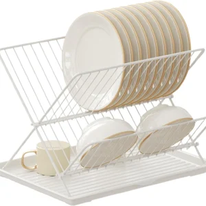 Vouwbaar Afwasdroogrek – 2-laags Aanrecht Draaurek met Afneembare Lekbak – Kelvra