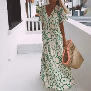 Groene Maxi Jurk met Korte Mouwen en Print – Elisa