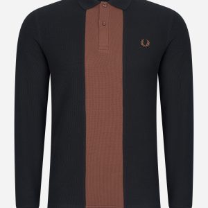Panelled long sleeve polo shirt - black