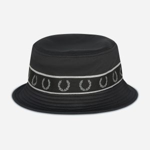 Contrast tape tricot bucket hat - black