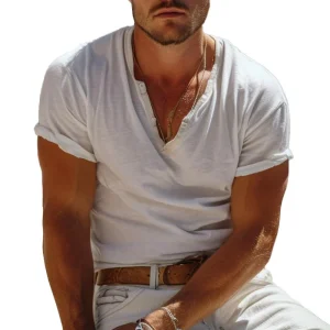 Casual Henley Kraag Henley T-shirt met Korte Mouwen – Nico